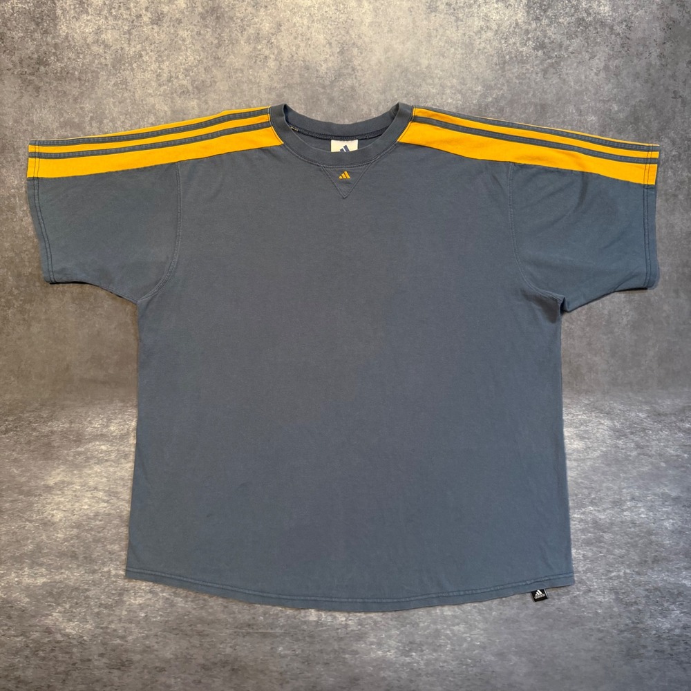 Vintage 90s Adidas 3 Stripe Shirt Mens XL Blue Yellow V-Stitch Tee Center Logo